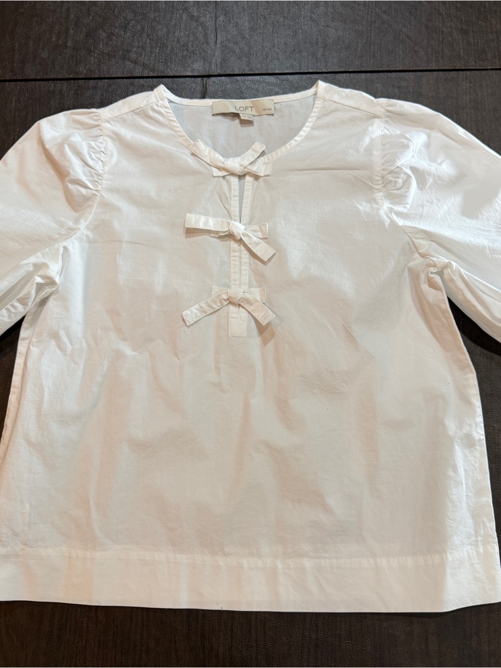 LOFT Petites XXSP White Bow Front Puff Sleeve Blouse